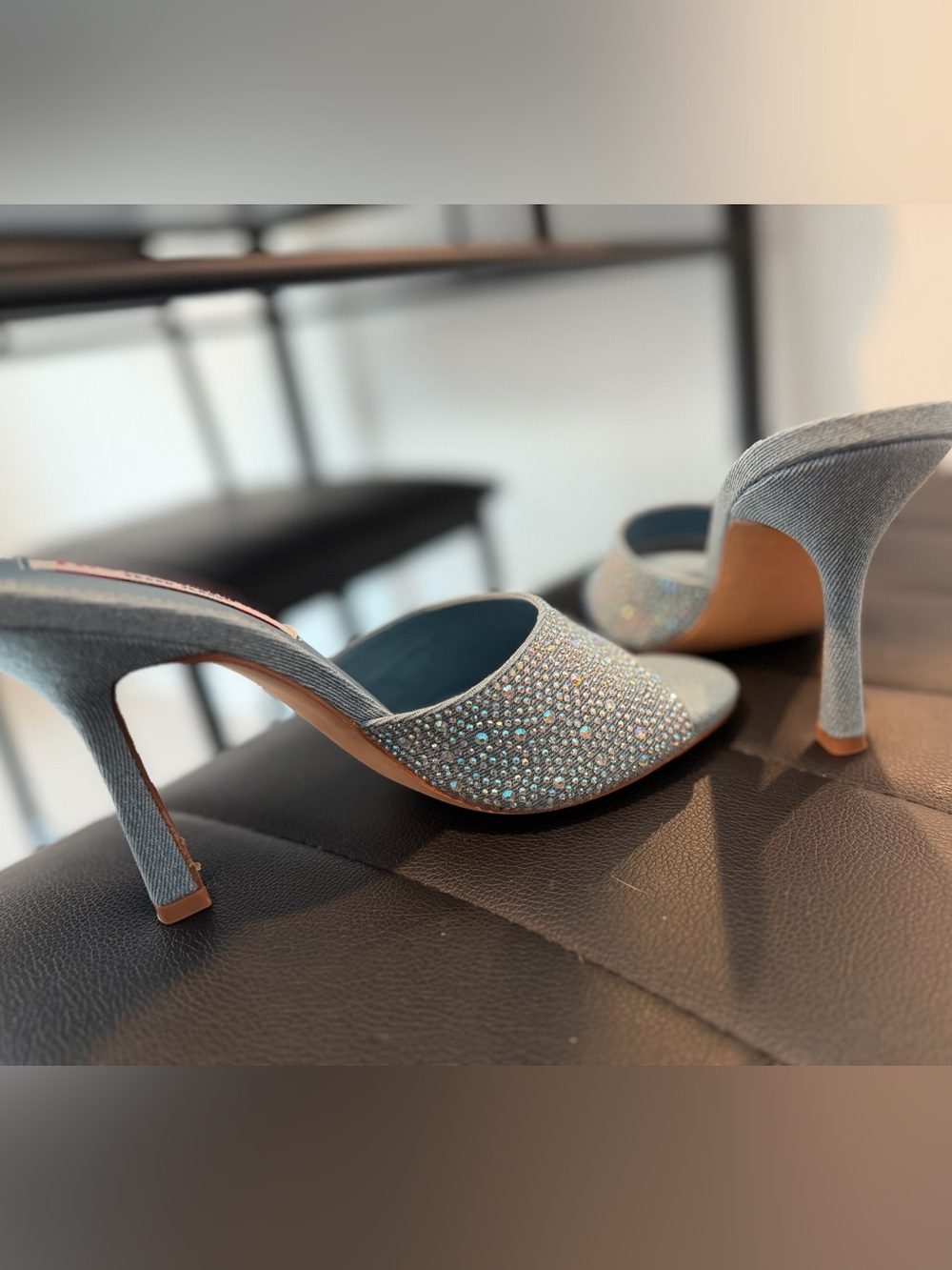True Religion Sparkling Light Blue Denim Crystal Mules